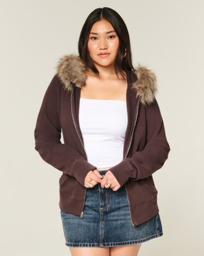 Sudadera con capucha y cremallera y estampa del logo con ribete de piel sintética